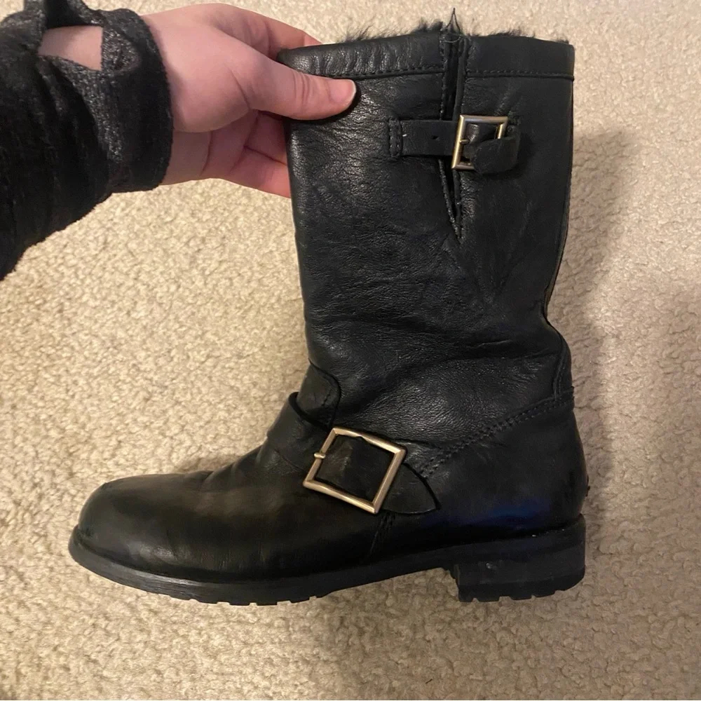 Jimmy Choo Leather Buckle Biker Fur Lined Boots - Picture 4 of 11